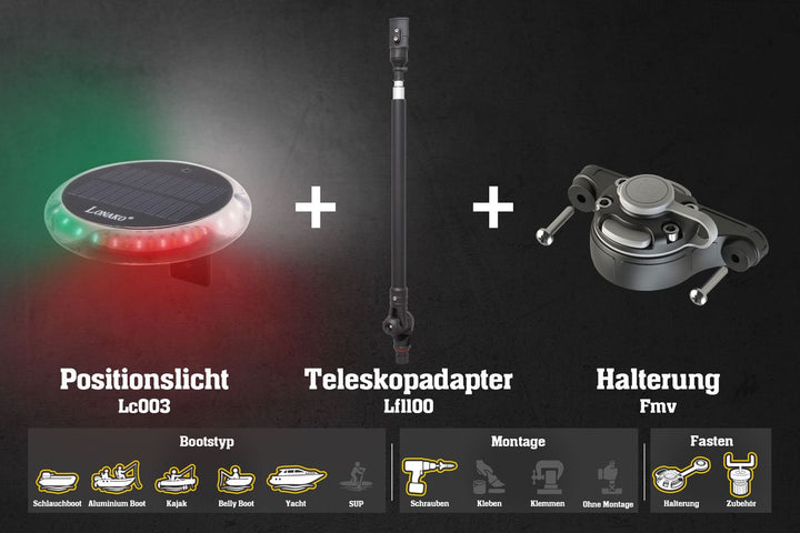 Set: Positionslicht Schlauchboot + Gelenkfuß + Teleskopverlängerung + Halterung