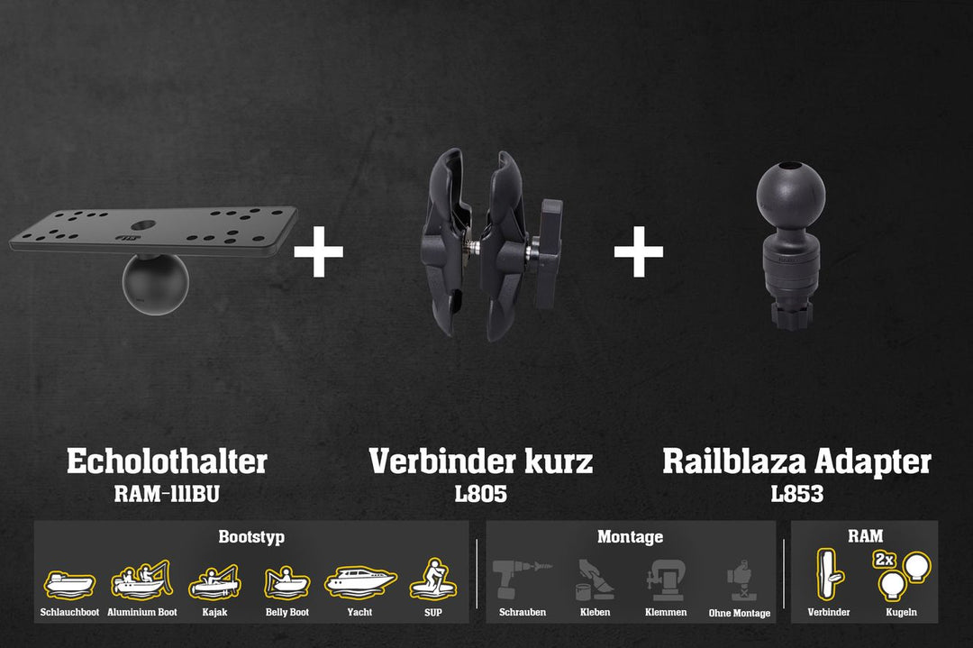Set: Humminbird Fishfinder Halterung für Fasten/Railblaza mit RAM Kugeln & Verbinder