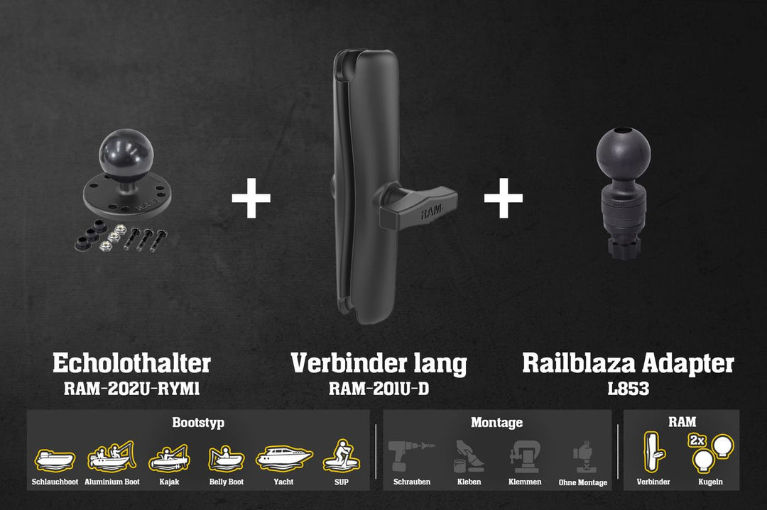 Set: Raymarine Fishfinder Halter Fasten/Railblaza/Scotty RAM Kugeln & Verbinder
