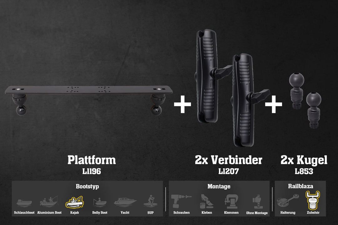 Set: Railblaza Kajak Plattform (560x52mm)+ 2x Verbinder + 2x 1,5 Zoll Kugeln Echolot