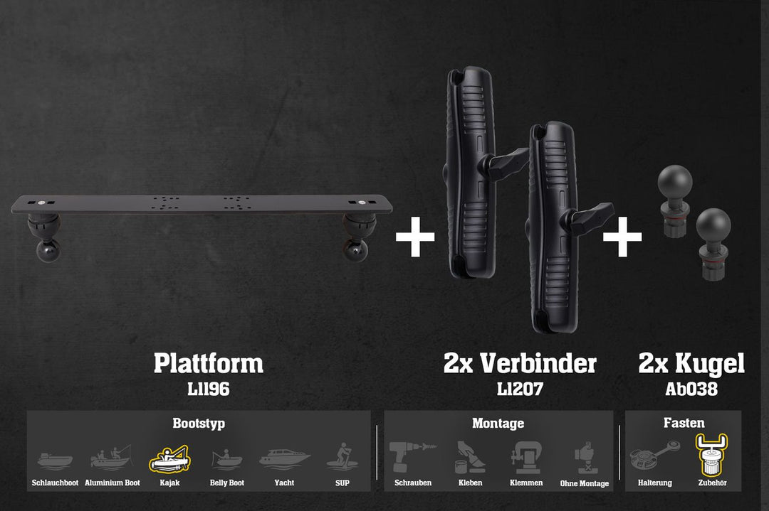 Set: Fasten Kajak Plattform (560x52mm)+ 2x Verbinder + 2x 1,5 Zoll Kugeln Echolot