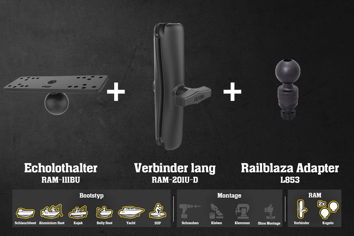Set: Humminbird Fishfinder Halterung für Fasten/Railblaza mit RAM Kugeln & Verbinder