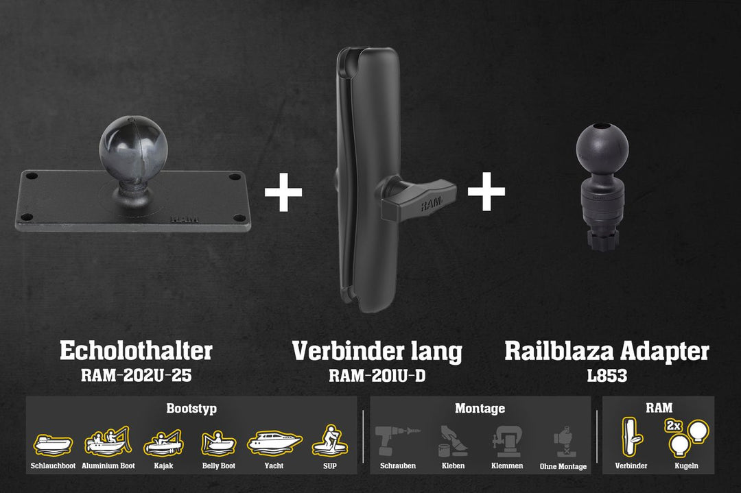 Set: Humminbird Fishfinder Halterung für Fasten/Railblaza mit RAM Kugeln & Verbinder