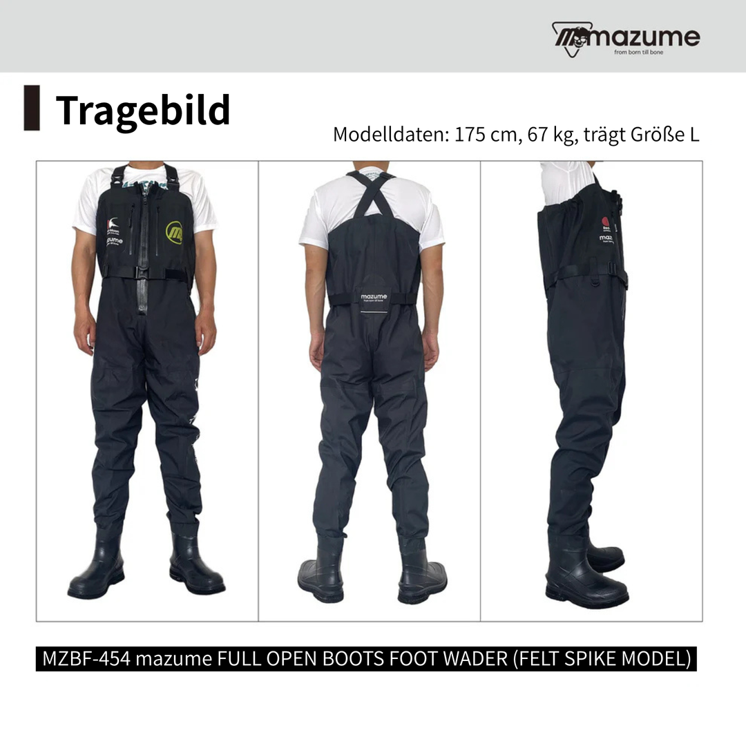 MZBF-454 mazume FULL OPEN BOOTS FOOT WADER (FELT SPIKE MODEL) atmungsaktive Wathose für Fliegenfischen, Watangeln und Bellyboot (Herren)