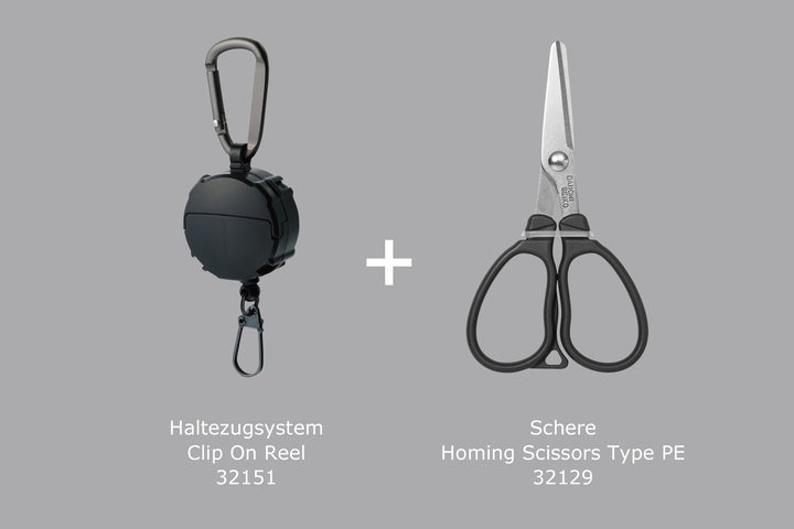 Set: Daiichiseiko Haltezugsystem Clip On Reel + Japan Schere für Angelschnüre