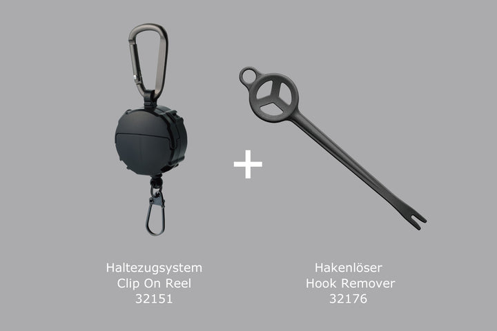 Set: Daiichiseiko Haltezugsystem Clip On Reel + Hakenlöser für Jigg Hook Remover