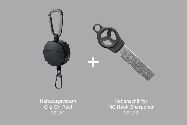 Set: Daiichiseiko Haltezugsystem Clip On Reel + Hakenschärfer für Angelhaken