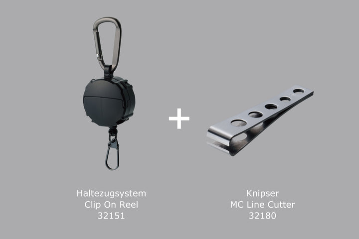 Set: Daiichiseiko Haltezugsystem Clip On Reel + monofile Schnur Knips Schere