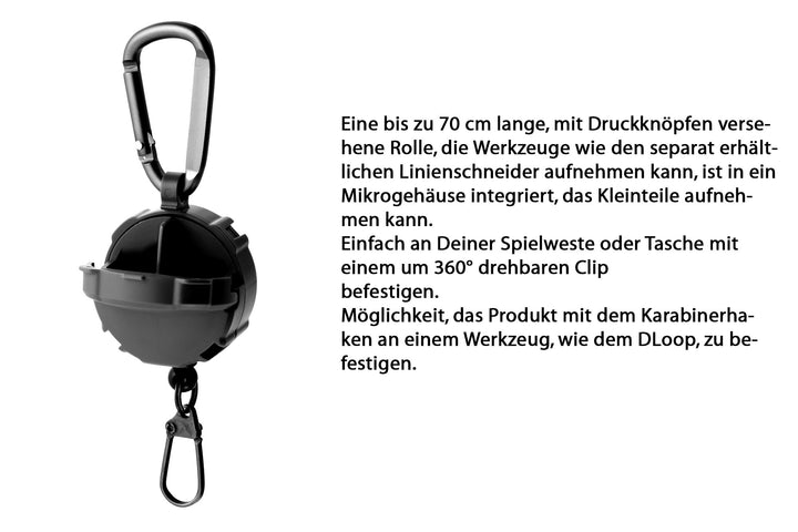 Set: Daiichiseiko Haltezugsystem Clip On Reel + monofile Schnur Knips Schere