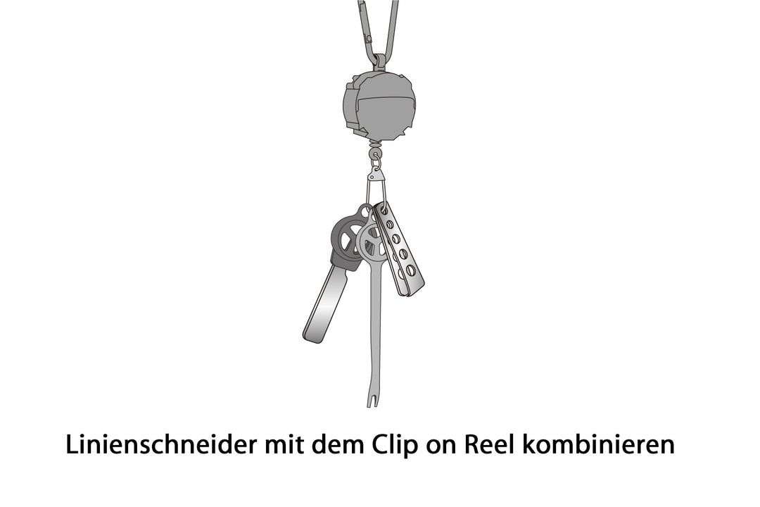 Set: Daiichiseiko Haltezugsystem Clip On Reel + monofile Schnur Knips Schere